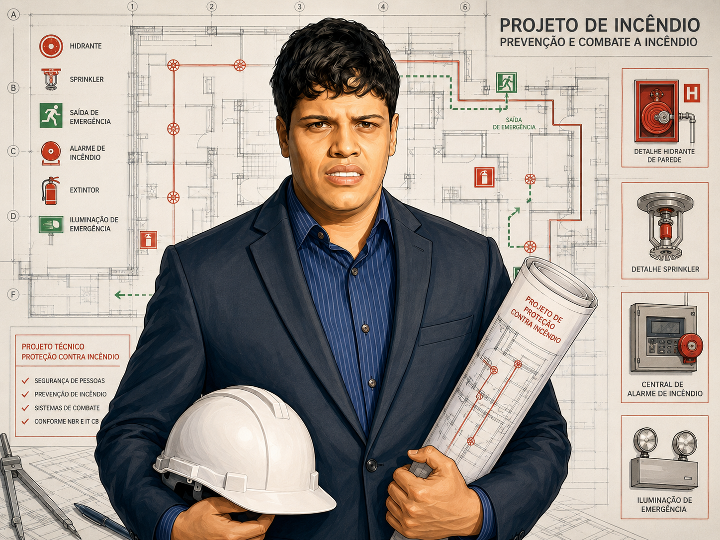 Lucas Samuel Réus Araújo com capacete e projeto de segurança contra incêndio